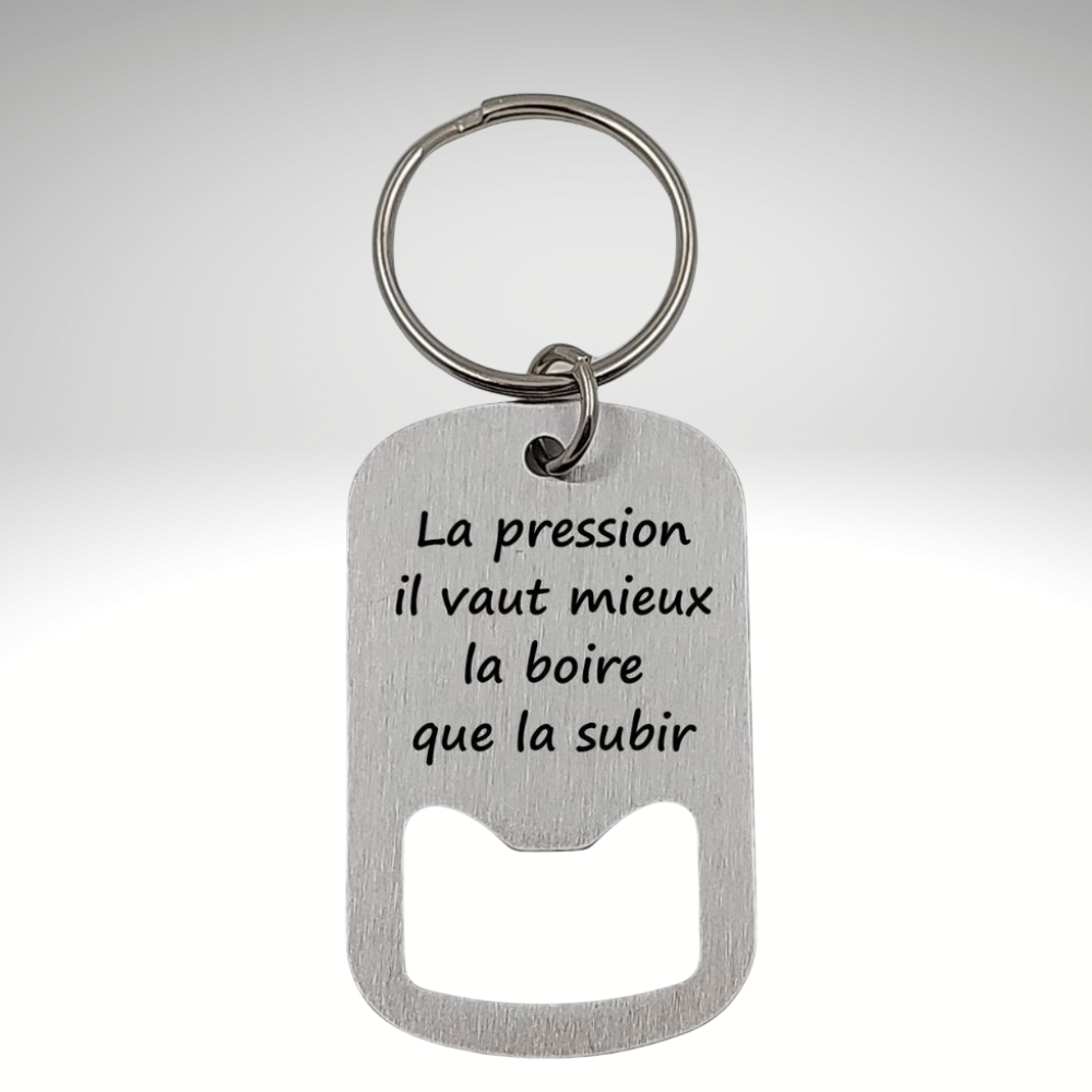 Porte-clés décapsuleur en acier inoxydable – Gravure laser avec texte humoristique Atelier Éclats d'Instants