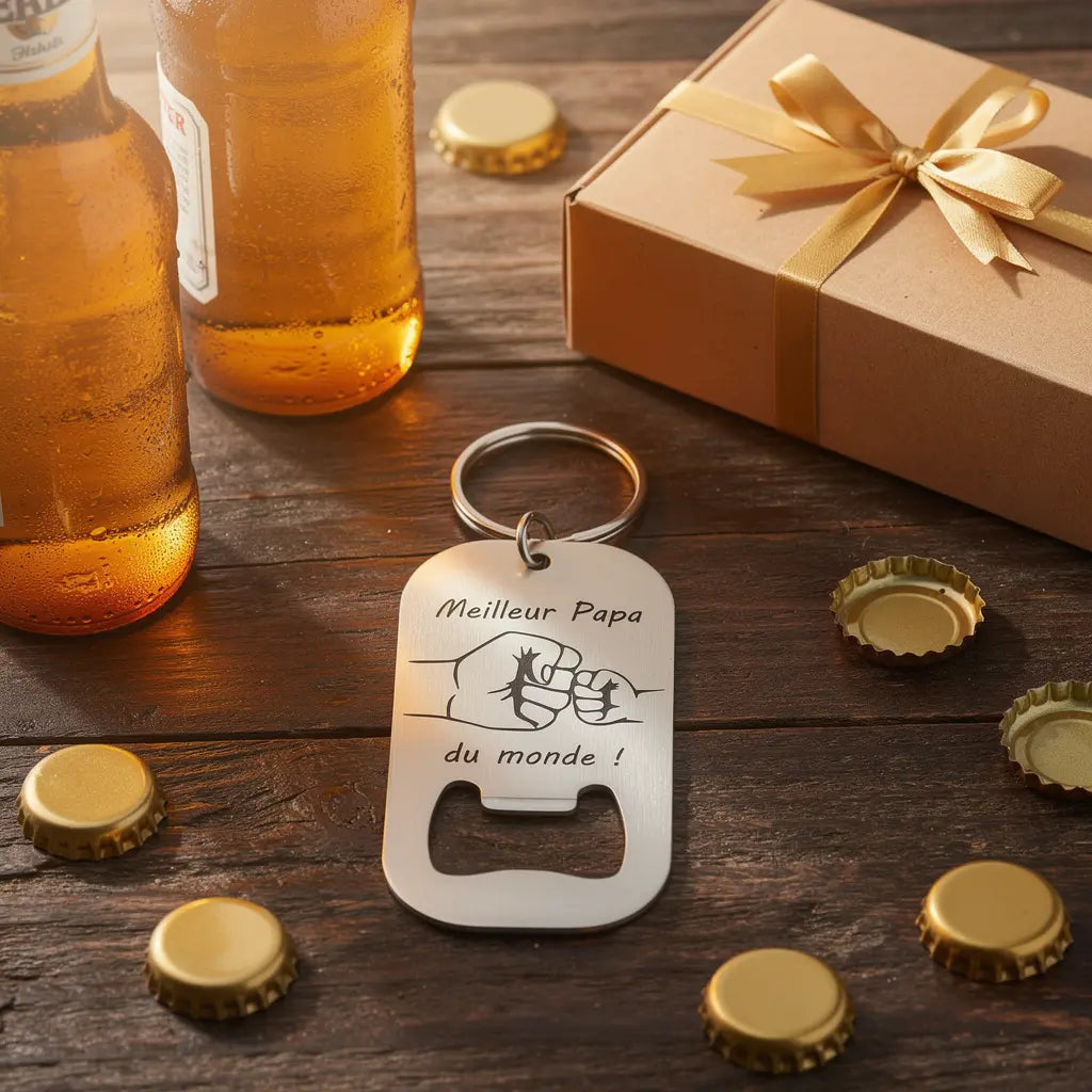 Porte-clés décapsuleur « Meilleur Papa du monde » en acier inoxydable, posé près d’un coffret cadeau et de bouteilles.