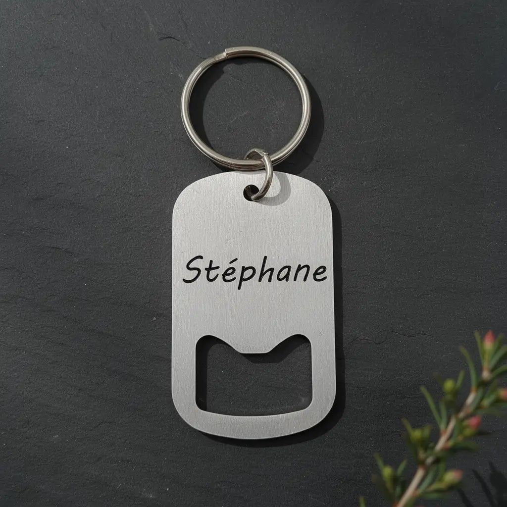 Porte-clés décapsuleur personnalisé en acier inoxydable, prénom “Stéphane” gravé et petit ouvre-bouteille intégré sur plaque argentée.