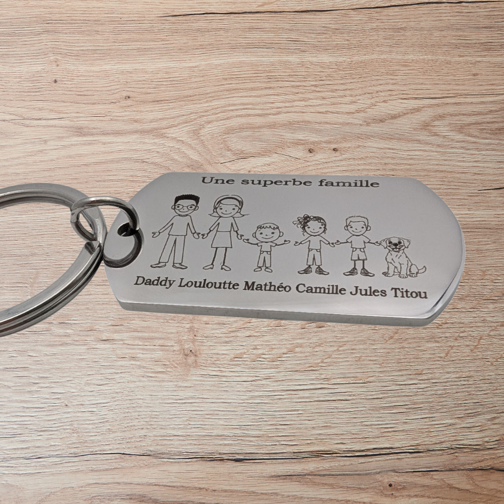 Porte-clés famille personnalisable – Gravure laser sur acier inoxydable (6 personnages) Atelier Éclats d'Instants