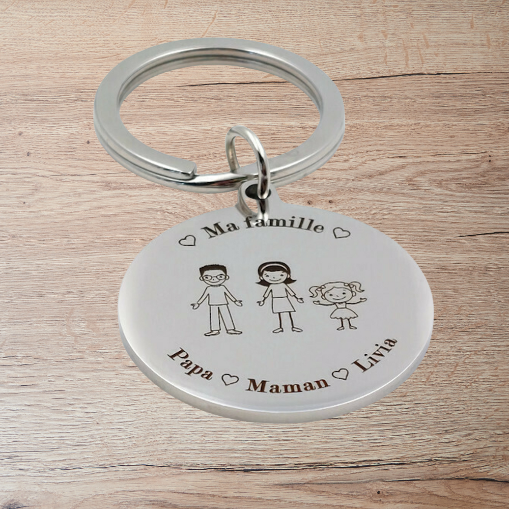 Porte-clés famille personnalisable – Gravure laser sur acier inoxydable (4 personnages) Atelier Éclats d'Instants