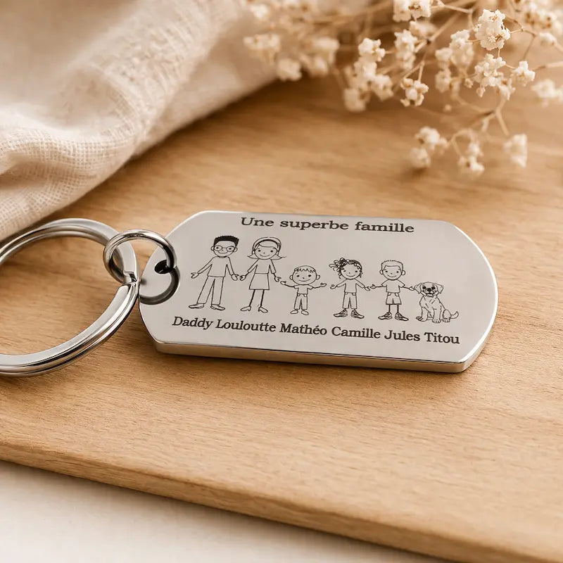 Porte-clés famille personnalisable – Gravure laser sur acier inoxydable (6 personnages) Atelier Éclats d'Instants