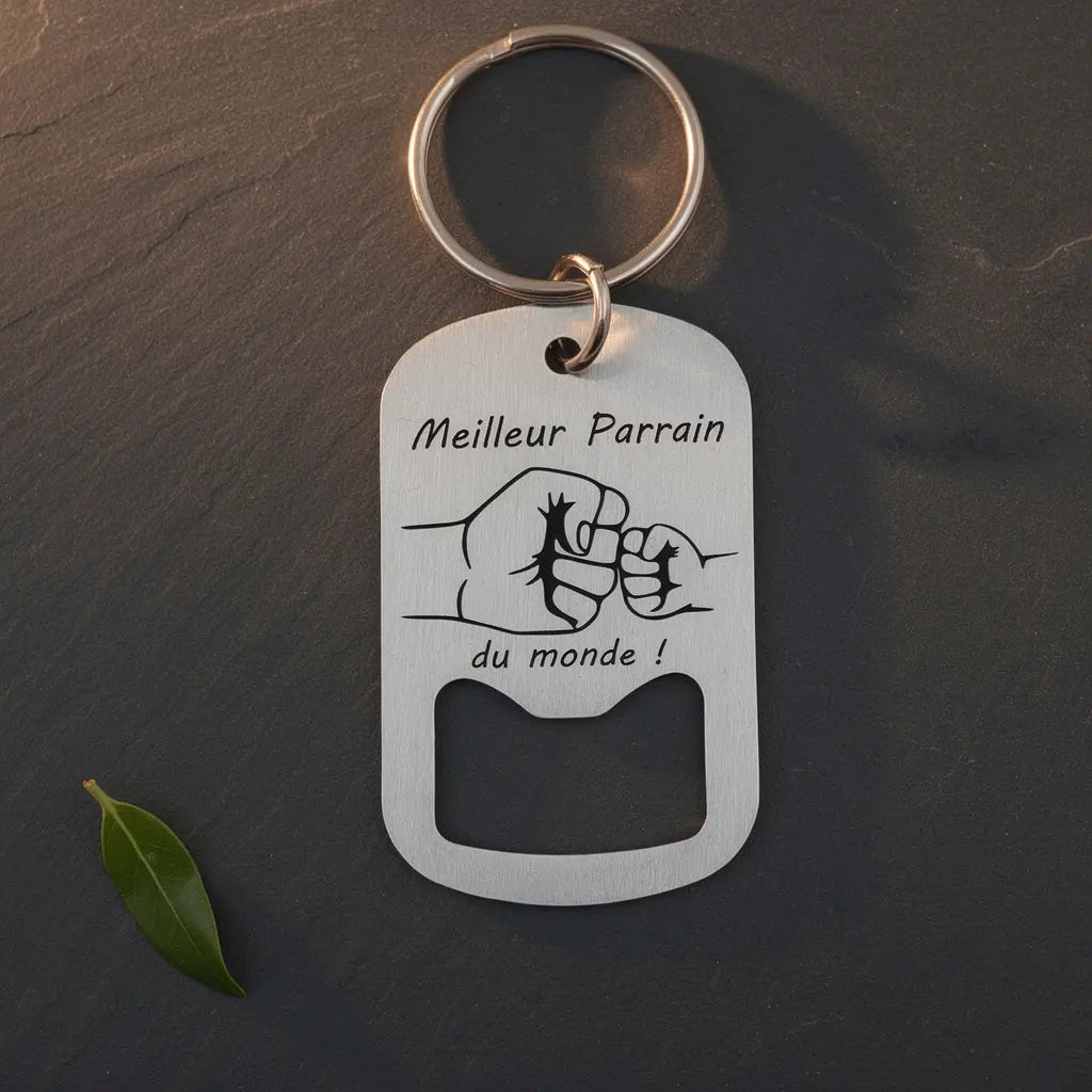 Porte-clés décapsuleur en acier inoxydable, gravé “Meilleur Parrain du monde”, avec motif de deux poings et ouverture pour bottle opener.