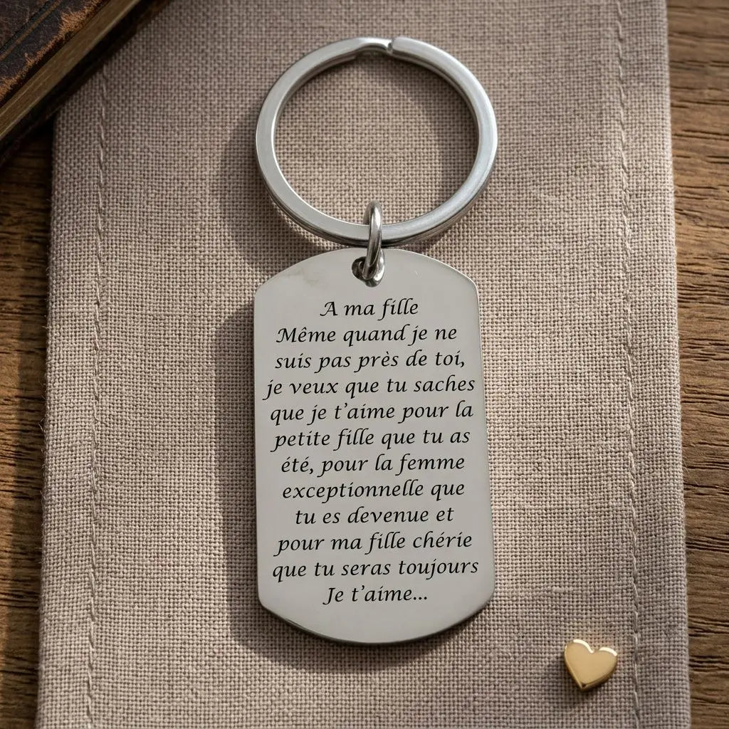 Porte-clés personnalisé en métal avec inscription poétique à destination d’une fille: “A ma fille … Je t’aime.” Clé argentée sur fond beige.