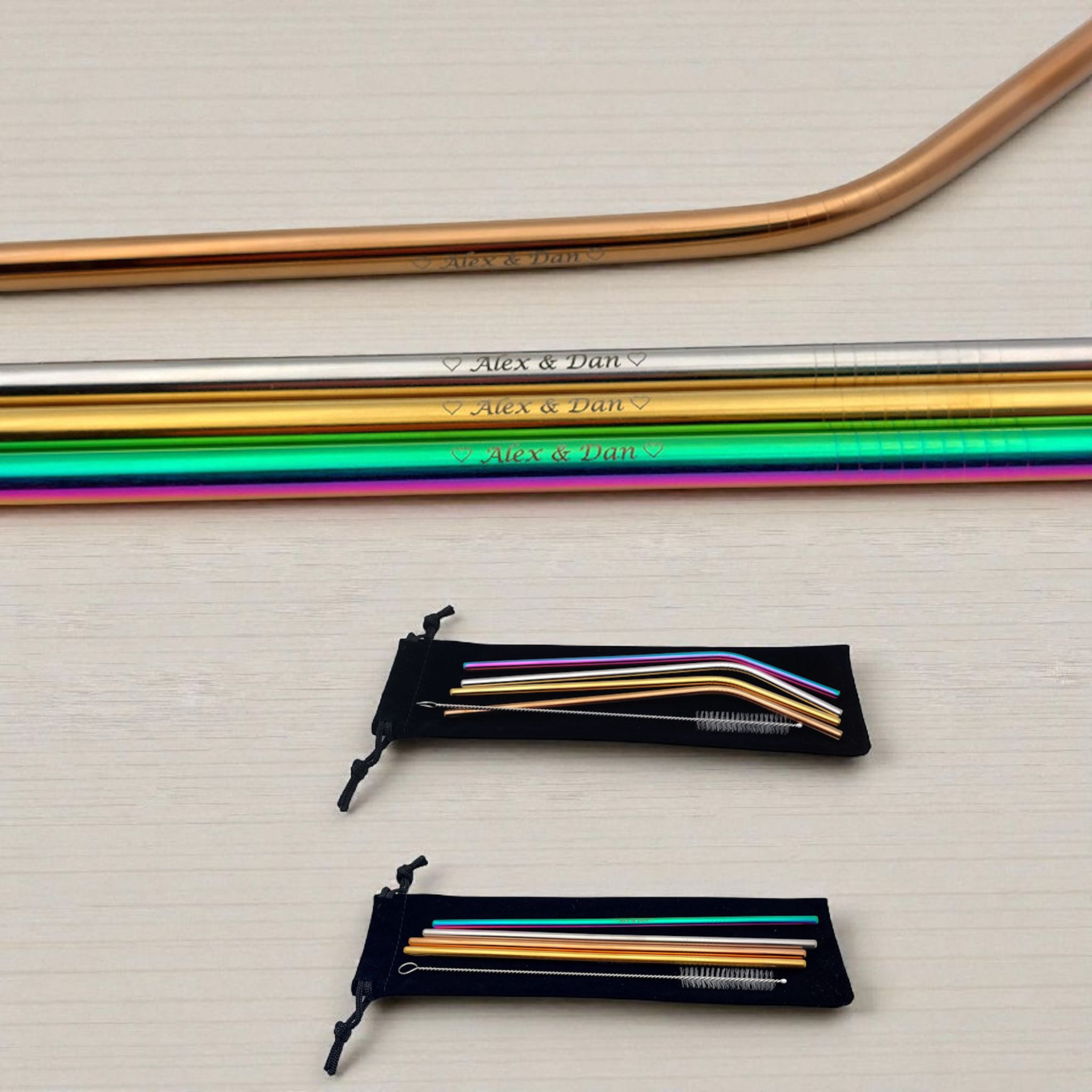 Pailles en acier inoxydable personnalisées – Lot de 4 avec pochette & brossette | Gravure laser Atelier Éclats d'Instants