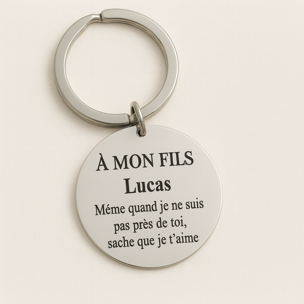 Porte-clé “À Mon Fils” personnalisable – Gravure laser – Acier inoxydable poli miroir – Cadeau rempli d’amour Atelier Éclats d'Instants