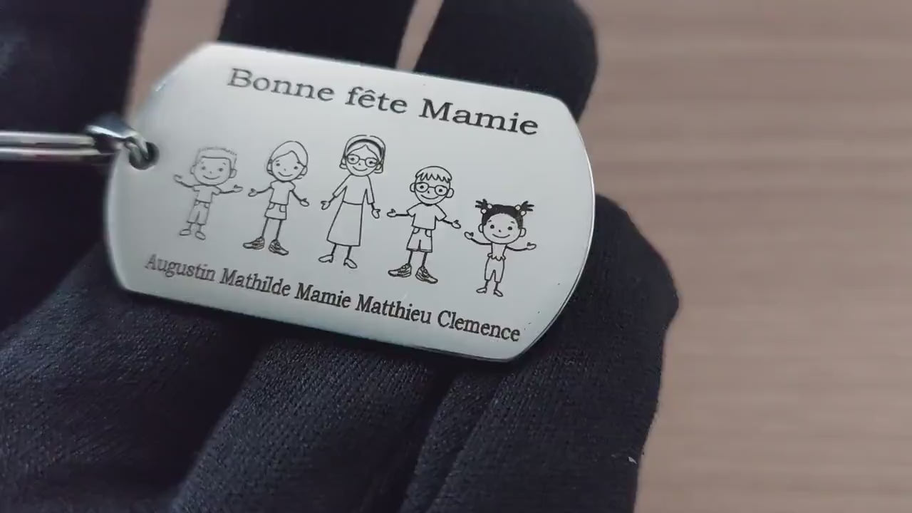 Porte-clés famille personnalisable – Gravure laser sur acier inoxydable (6 personnages)